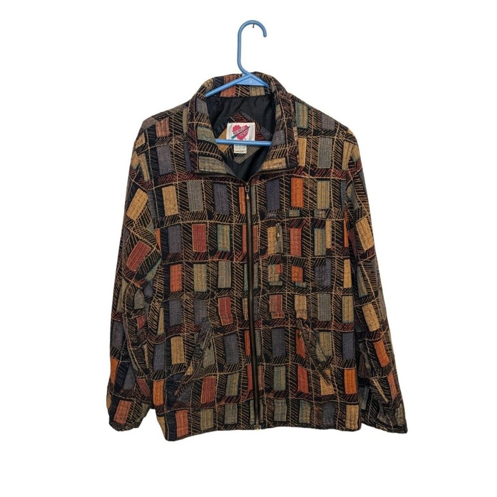 Women's L Keren Hart Tapestry Zippered Silk Jacket Colorful Rectangle Art